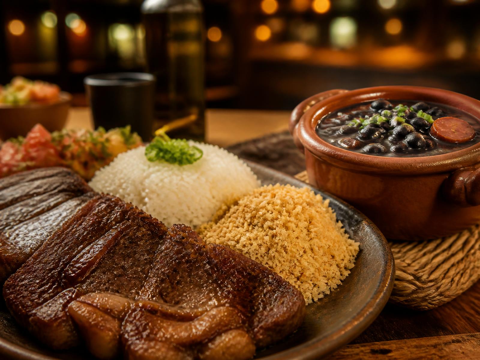 Prato brasileiro completo com carne grelhada, arroz, farofa e feijão servido no Panelinha Carioca